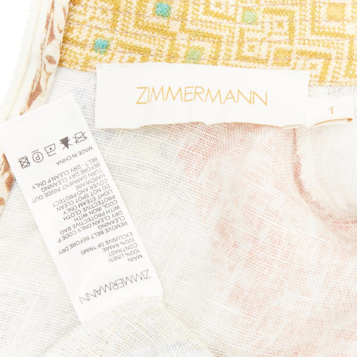 ZIMMERMANN Brightside brown linen patchwork ethnic print belted dress US1 S For Sale 3