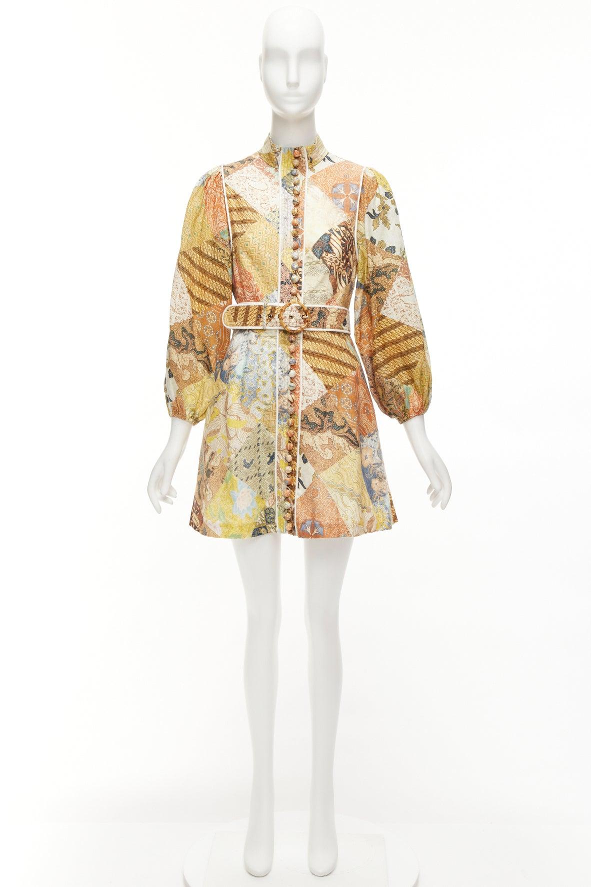 ZIMMERMANN Brightside brown linen patchwork ethnic print belted dress US1 S For Sale 4