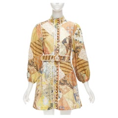 ZIMMERMANN Brightside brown linen patchwork ethnic print belted dress US1 S