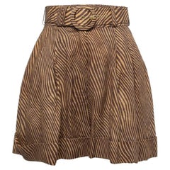 Zimmermann Brown Animal Printed Linen Belted High Waist Cuffed Shorts S
