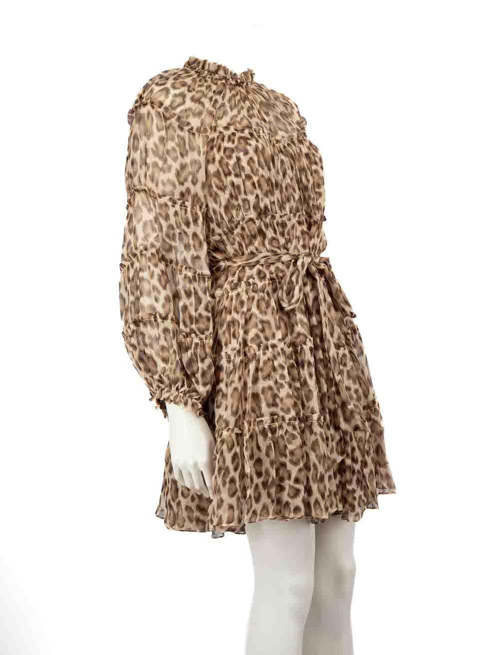 CONDITION is Very good. Hardly any visible wear to dress is evident on this used Zimmermann designer resale item.
 
 
 
 Details
 
 
 Brown
 
 
 Silk
 
 Dress
 
 Leopard print pattern
 
 Mini length
 
 Long puff sleeves
 
 Belt tie
 
 Round neck
 
