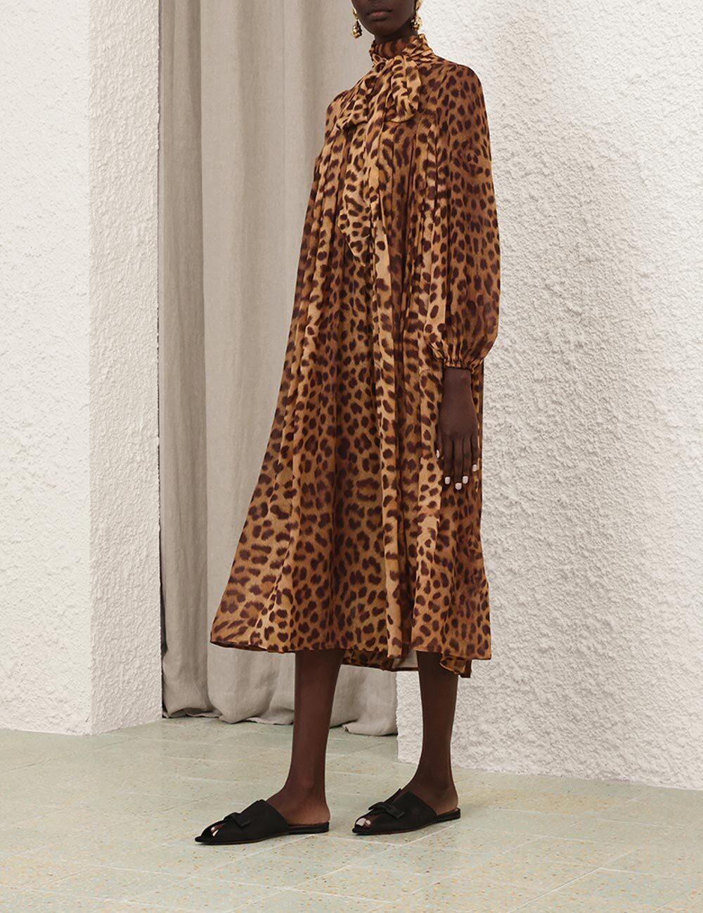 Zimmermann, abito MIDI in viscosa marrone 2025 CRUSH LEOPARD TIE NECK 0 XS in vendita 2