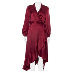 Zimmermann Burgundy Coated Silk Flounce Midi Wrap Dress S