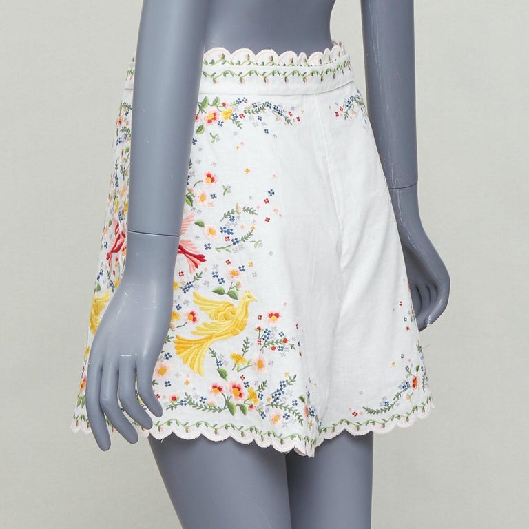 ZIMMERMANN Carnaby white linen cotton phoenix embroidery scallop shorts US2  S2 For Sale at 1stDibs