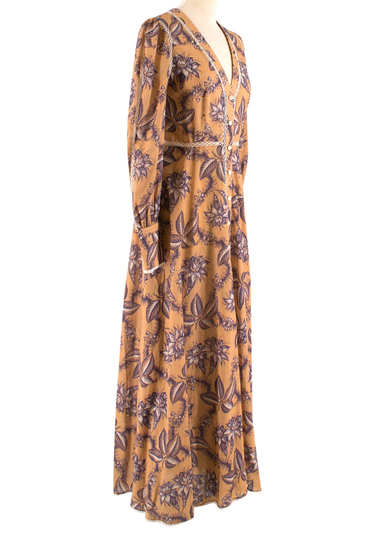 Zimmermann Castile Button Up Long Dress in Mushroom Floral

-Castile Button Up Long Dress in Mushroom Floral print 
-Cotton maxi dress 
-Purple floral design 
-Deep V neckline
-Button down front closure
-Blouson sleeves 
-Elongated cuff 
-Tucked