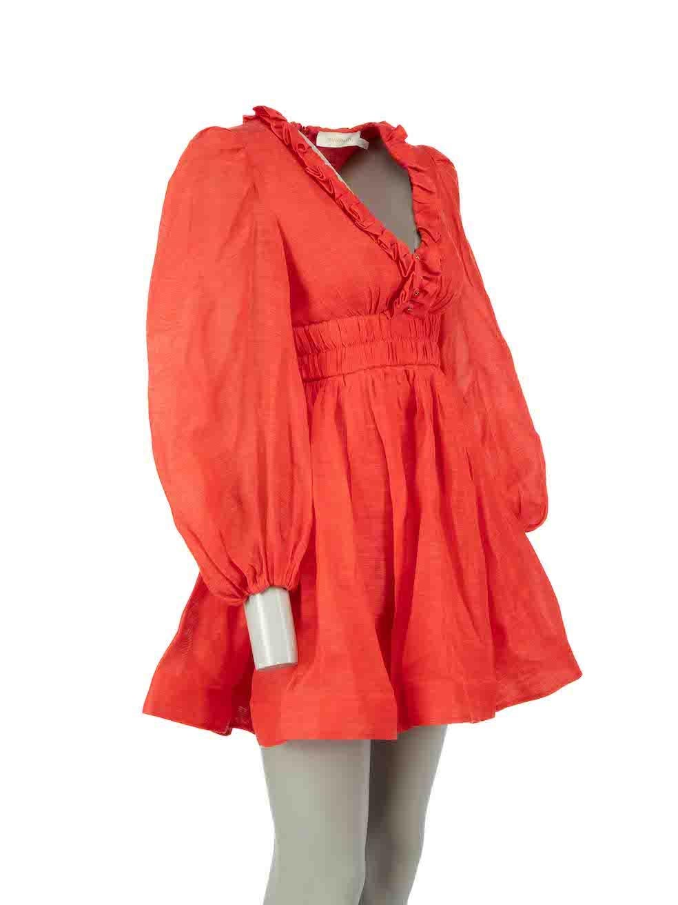 CONDITION is Very good. Minimal wear to dress is evident. Minimal stains to left sleeve and front of skirt on this used Zimmermann designer resale item.

Details
Coral red
Linen
Dress
Mini
Long puff sleeves
V-neck
Back zip fastening

Made in China