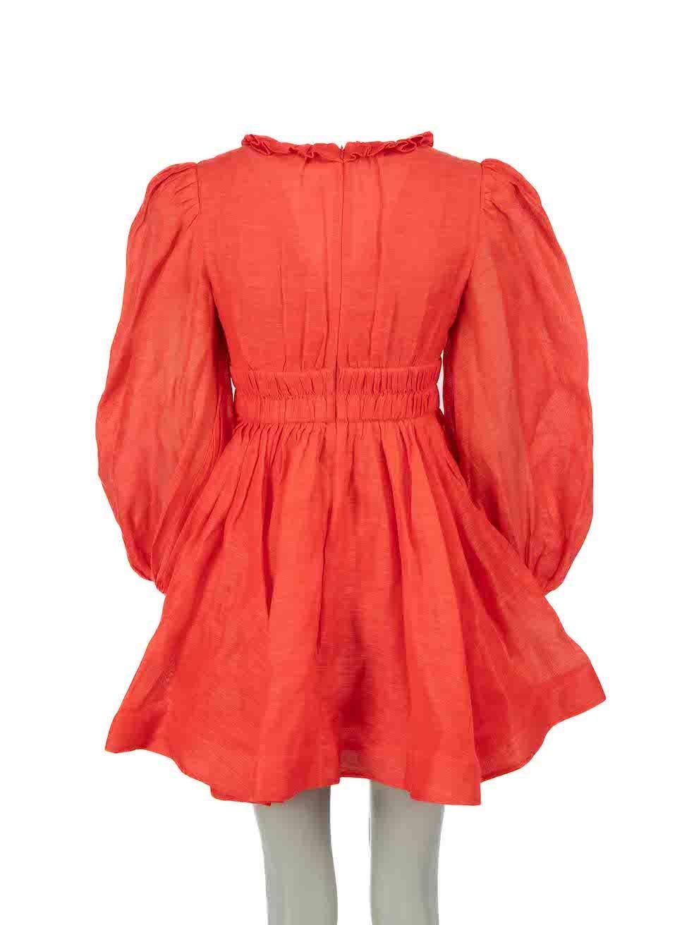 Zimmermann Coral Red Puff Sleeve Mini Dress Size XS In Excellent Condition In London, GB