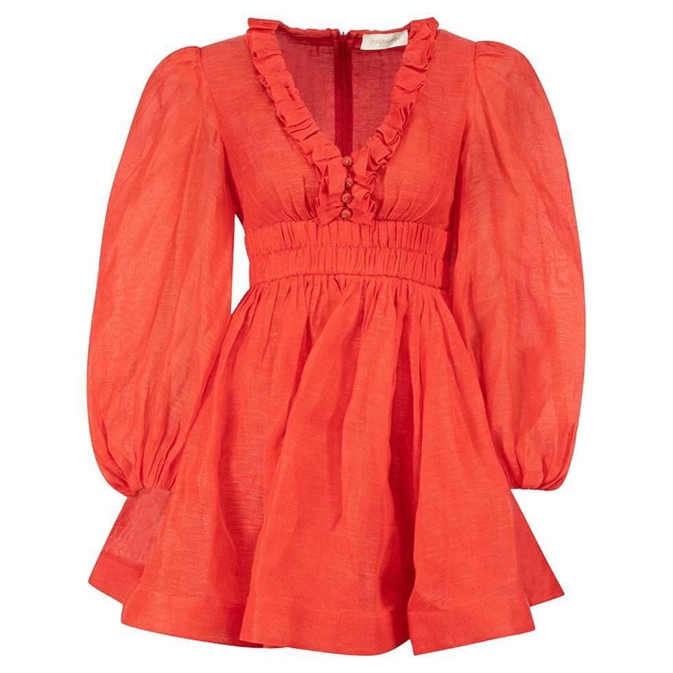 Zimmermann Coral Red Puff Sleeve Mini Dress Size XS