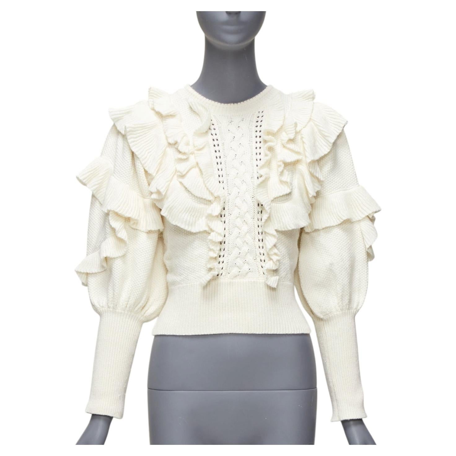 Pre-owned Zimmermann Cream Cotton Creme Botanica Flounce Ruffled Cotton Sweater Us0 Xs In White
