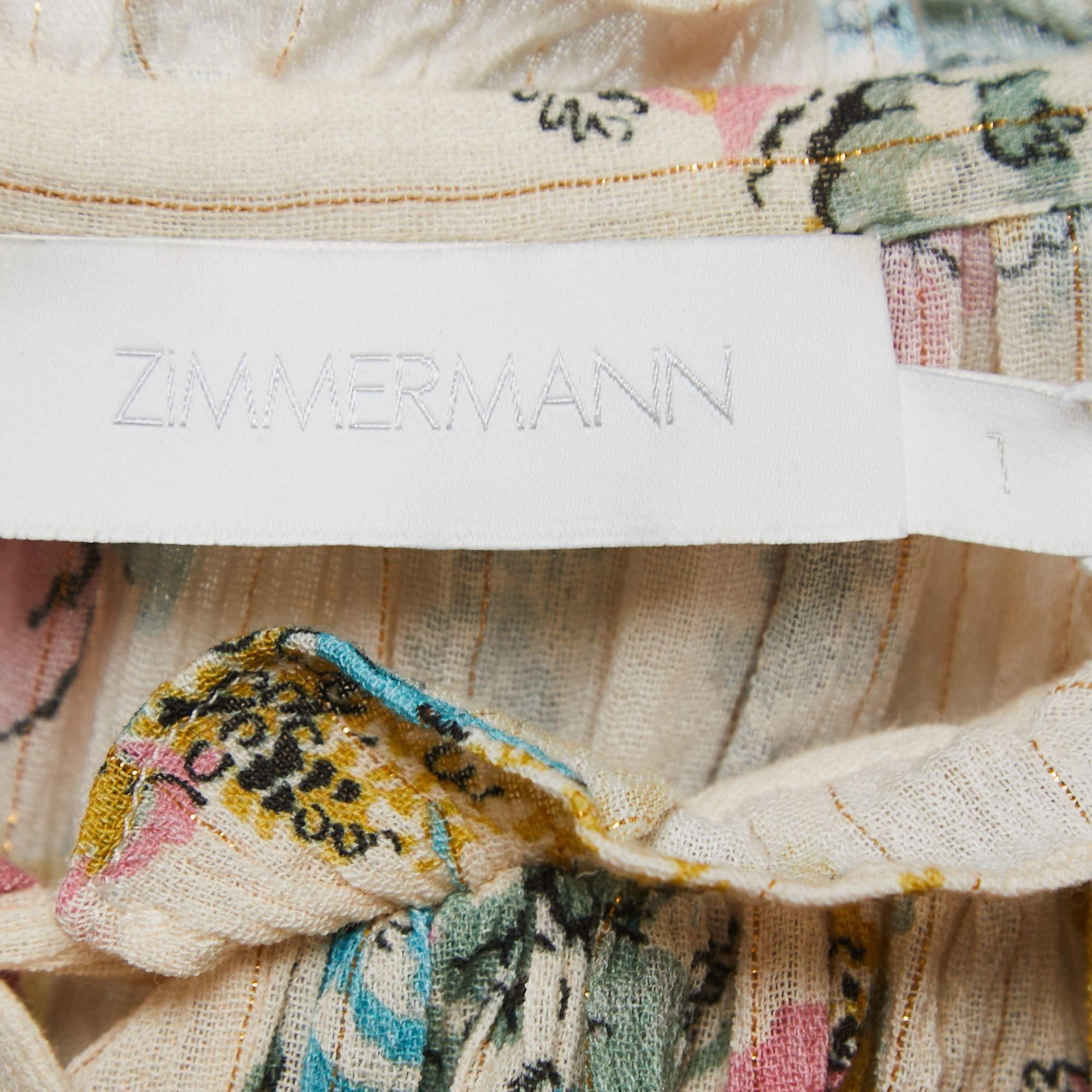 Zimmermann Cream Floral Printed Cotton Tiered Midi Dress M 1