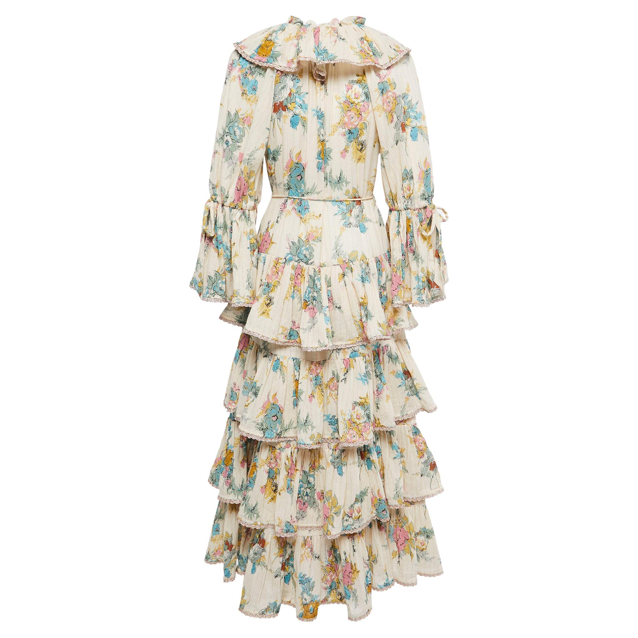 Zimmermann Cream Floral Printed Cotton Tiered Midi Dress M