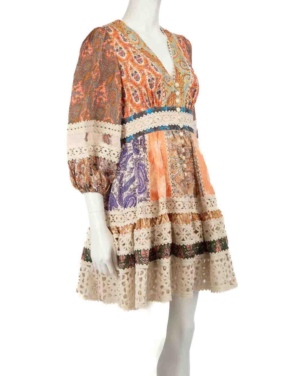 CONDITION is Never worn, with tags. No visible wear to dress is evident on this new Zimmermann designer resale item.
 
 
 
 Details
 
 
 Devi Spliced Billow model
 
 Multicolour
 
 Linen
 
 Mini dress
 
 V neckline
 
 Front button up closure
 
