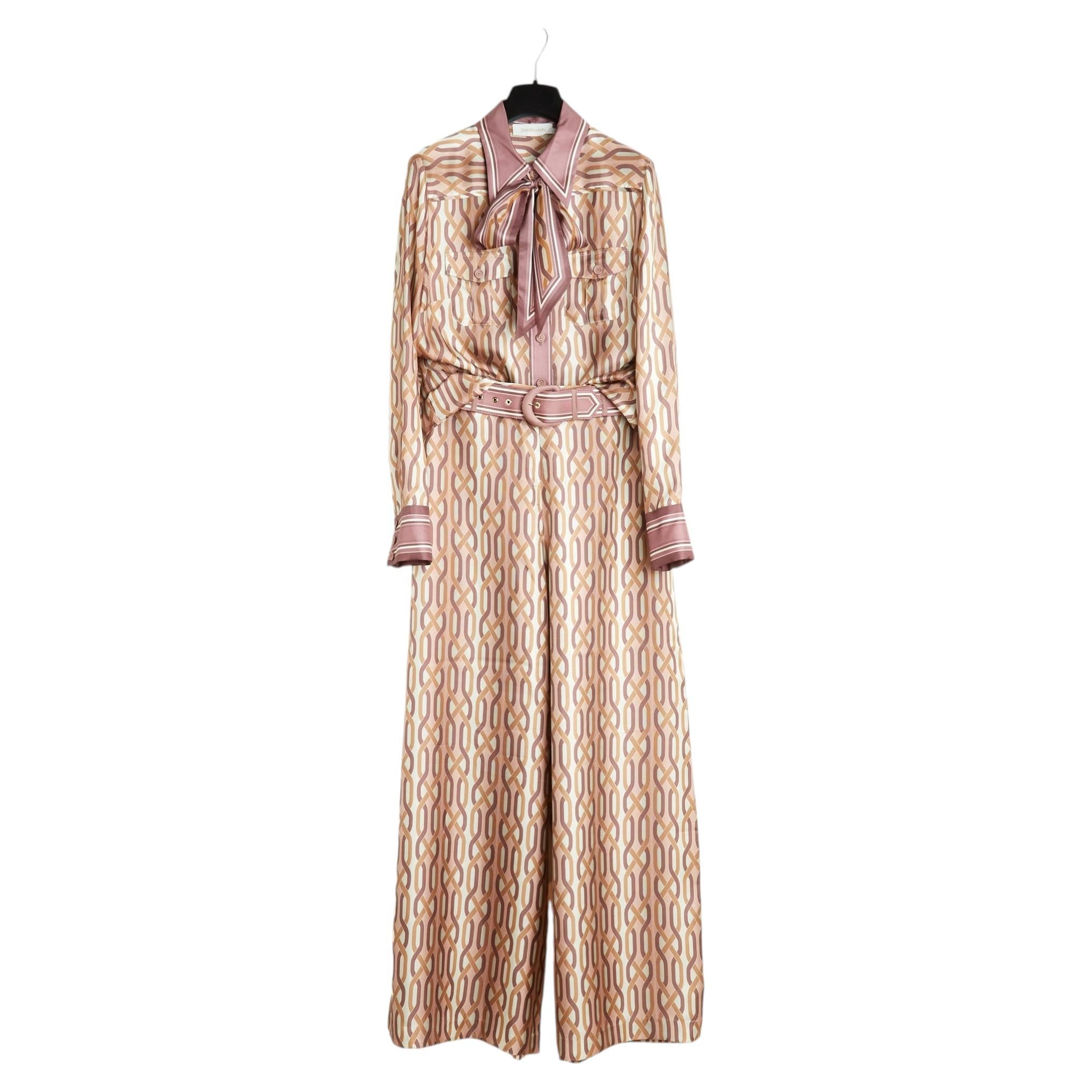 Zimmermann Ensemble Blouse Pantaon FR40 Beige Pink Silk Set Top Pants UK12 US10 For Sale