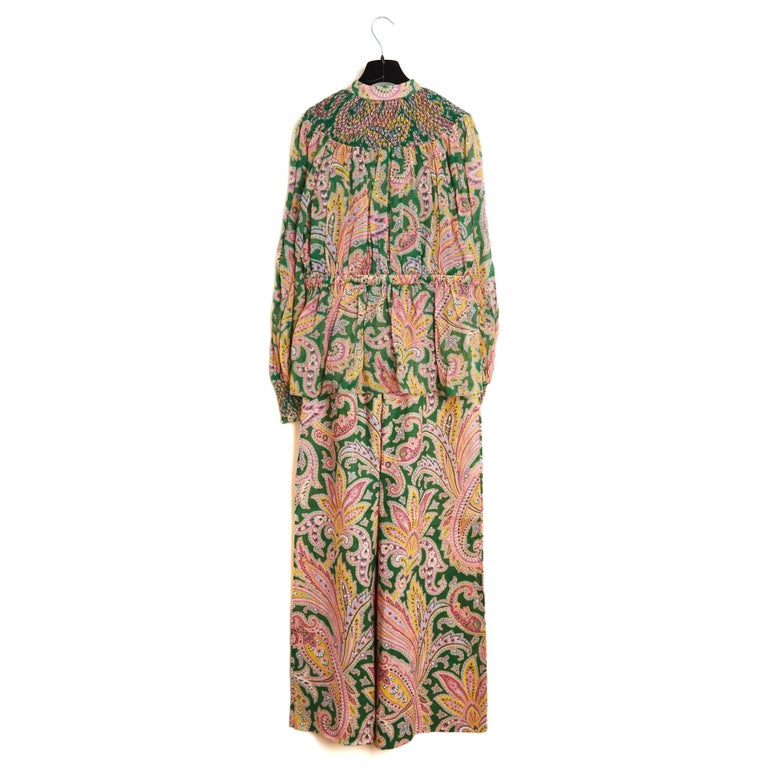 Zimmermann Ensemble Blouse Pantaon FR40 Green Pink Linen Set Top Pants UK12  US10 For Sale at 1stDibs