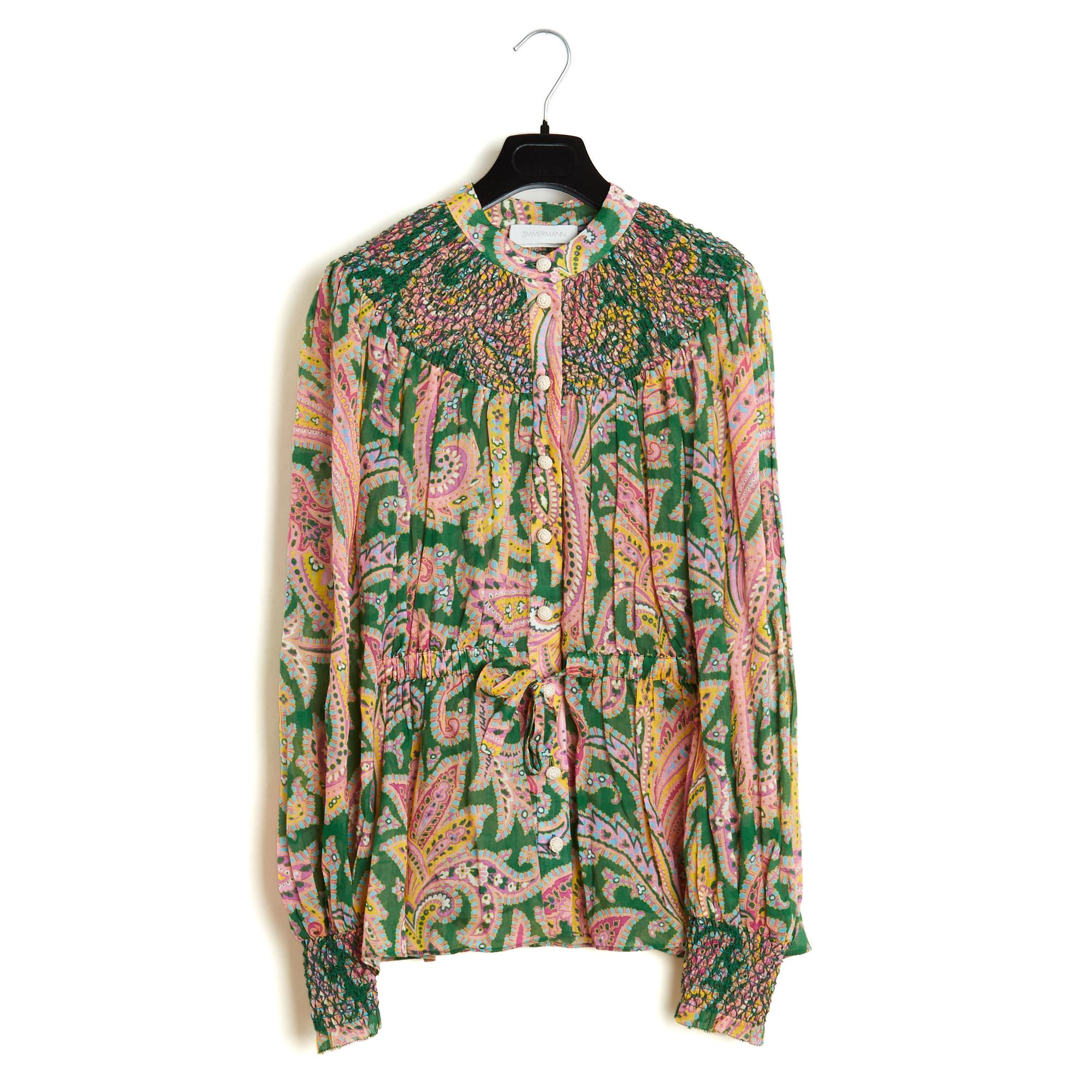 Zimmermann Ensemble Bluse Pantaon FR40 Grün Rosa Leinen Set Top Hose UK12 US10 (Braun) im Angebot