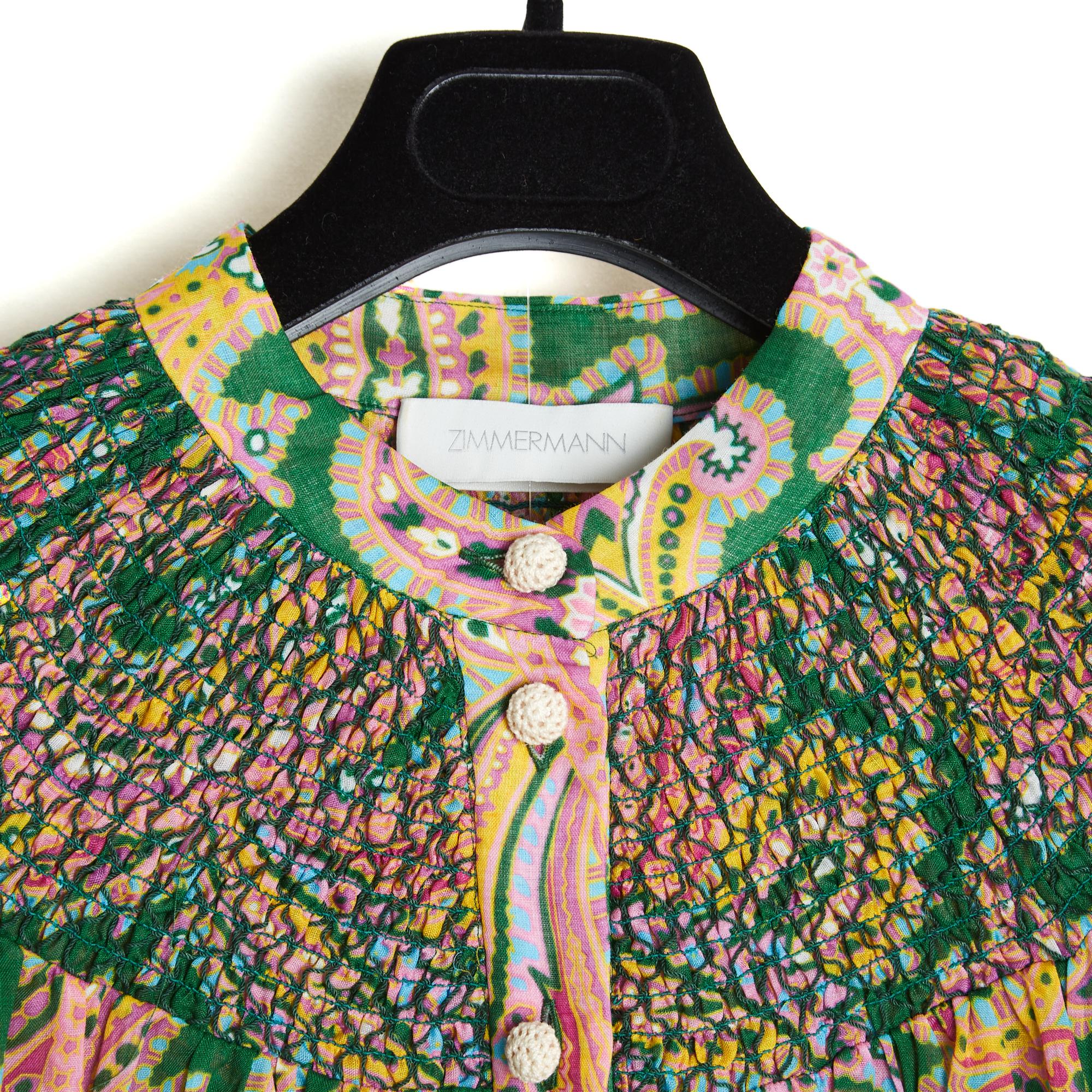 Zimmermann Ensemble Bluse Pantaon FR40 Grün Rosa Leinen Set Top Hose UK12 US10 Damen im Angebot