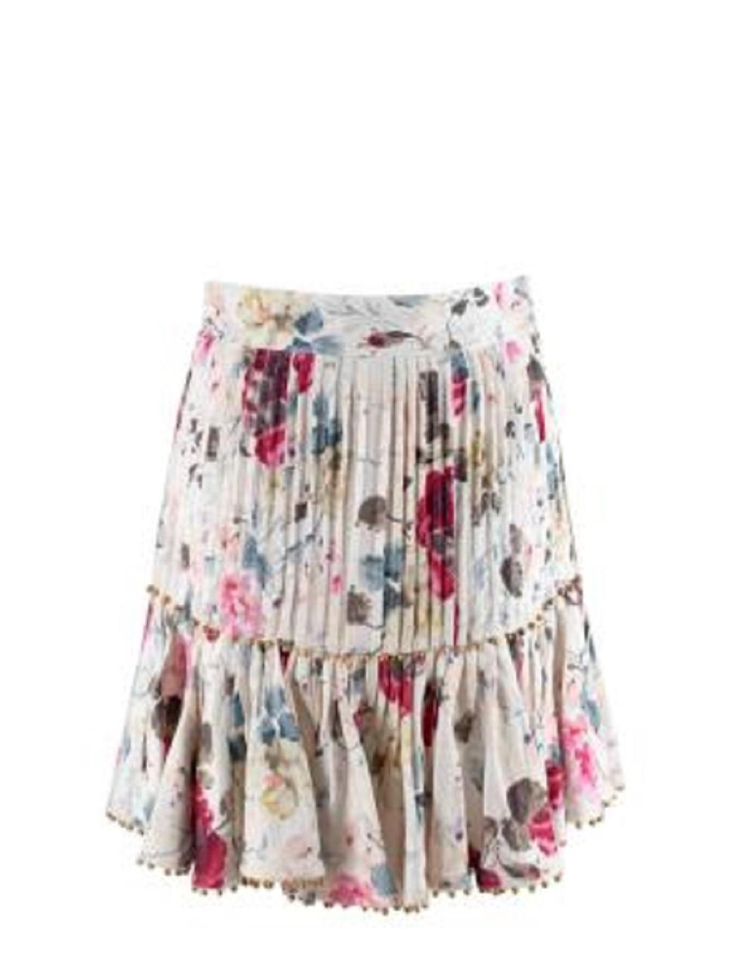 Zimmermann Floral Pin-Tuck Skirt

- Pink based floral print on an ivory base
- Pink tucking, with gold-tone bead embellishment
- Ruffled hem with bead
- Concealed zip back fastening 

Materials:
Shell: 100% Linen 
Lining: 100% Cotton 

Made in China