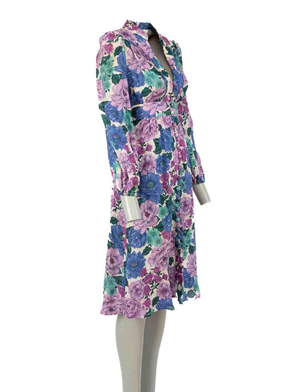 CONDITION is Good. Minor wear to dress is evident. Light discolouration to the front neckline and centre front of skirt. A missing button is visible on this used Zimmermann designer resale item.

Details
Multicolour
Linen
Dress
Floral pattern
Knee