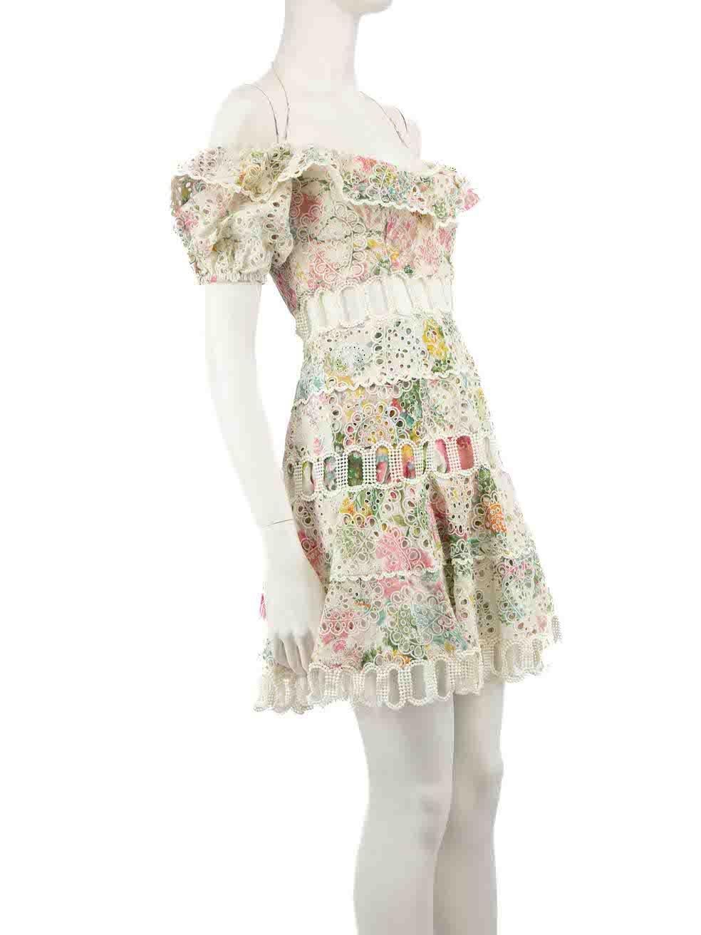 CONDITION is Very good. Hardly any visible wear to dress is evident on this used Zimmerman designer resale item.
 
 
 
 Details
 
 
 Multicolour- beige, green, yellow and pink
 
 Cotton
 
 Dress
 
 Floral pattern
 
 Short puff sleeves
 
 Off the