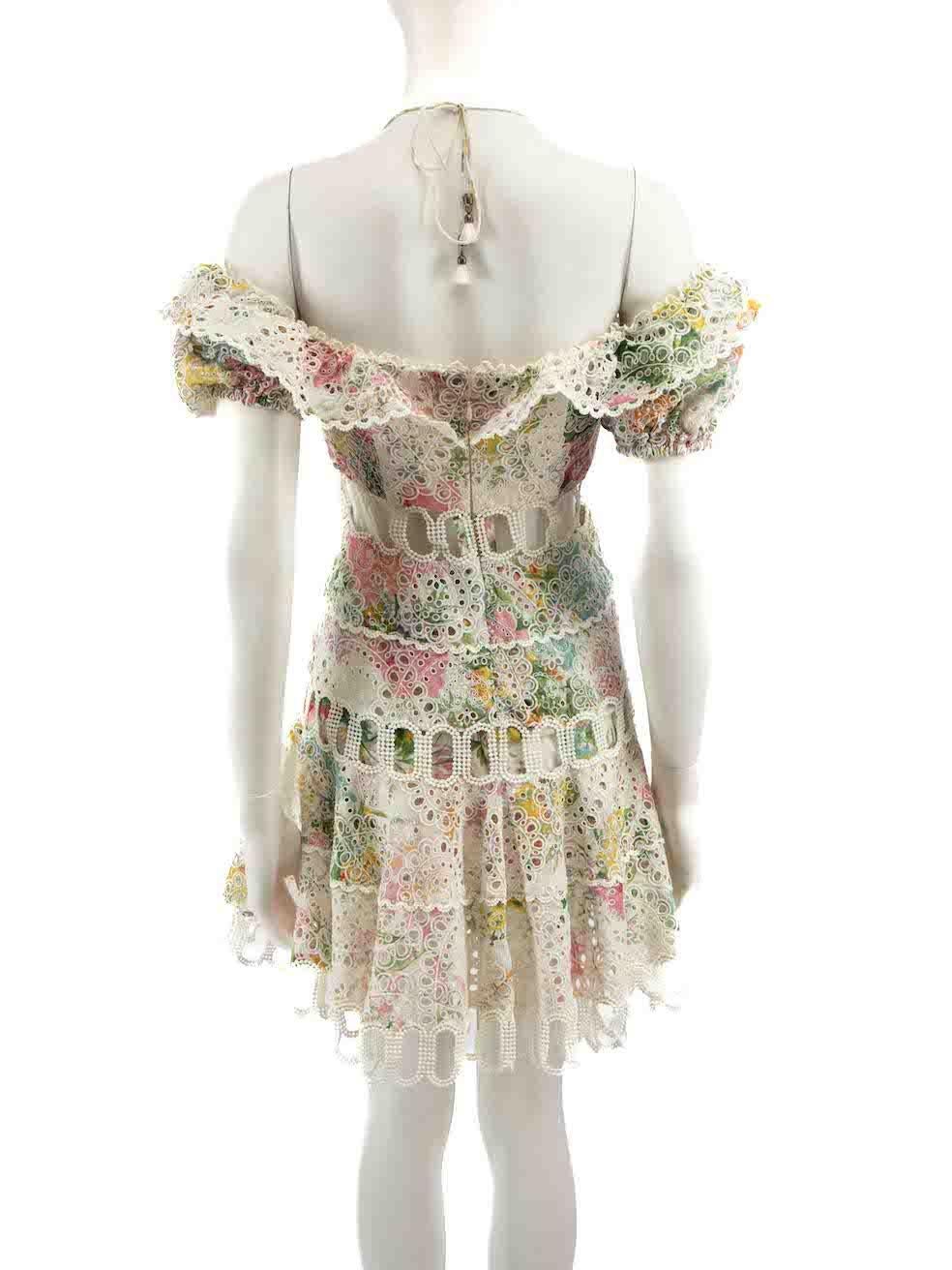 Zimmermann Floral Off Shoulder Lace Mini Dress Size M In Good Condition For Sale In London, GB