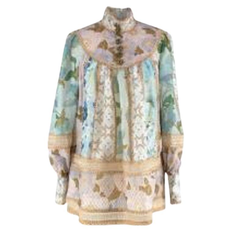 Zimmermann Floral Print & Gold Embellished Linen & Silk Blouse For Sale