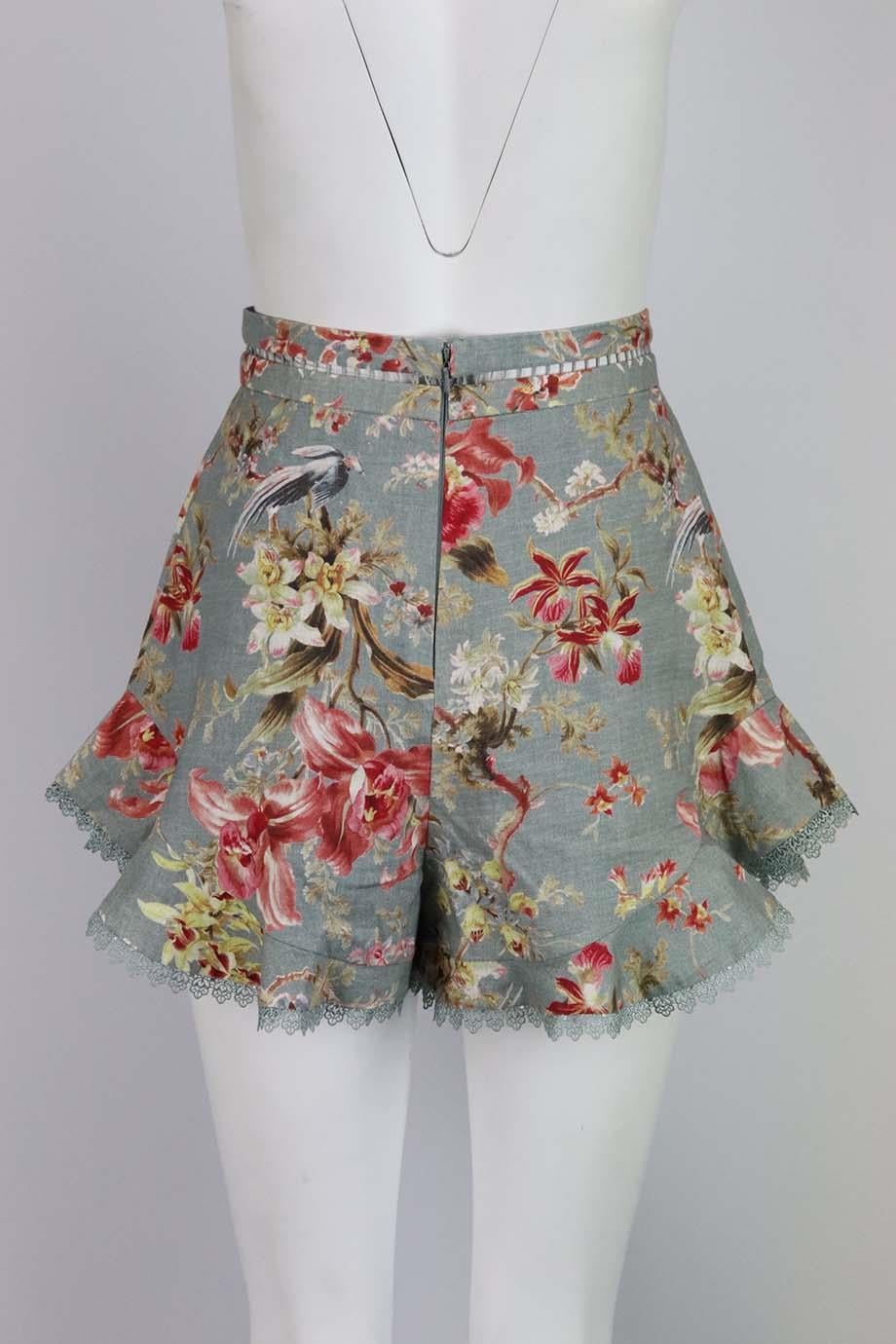 Pantalones cortos Zimmermann con estampado floral y mezcla de lino UK 10 Gris