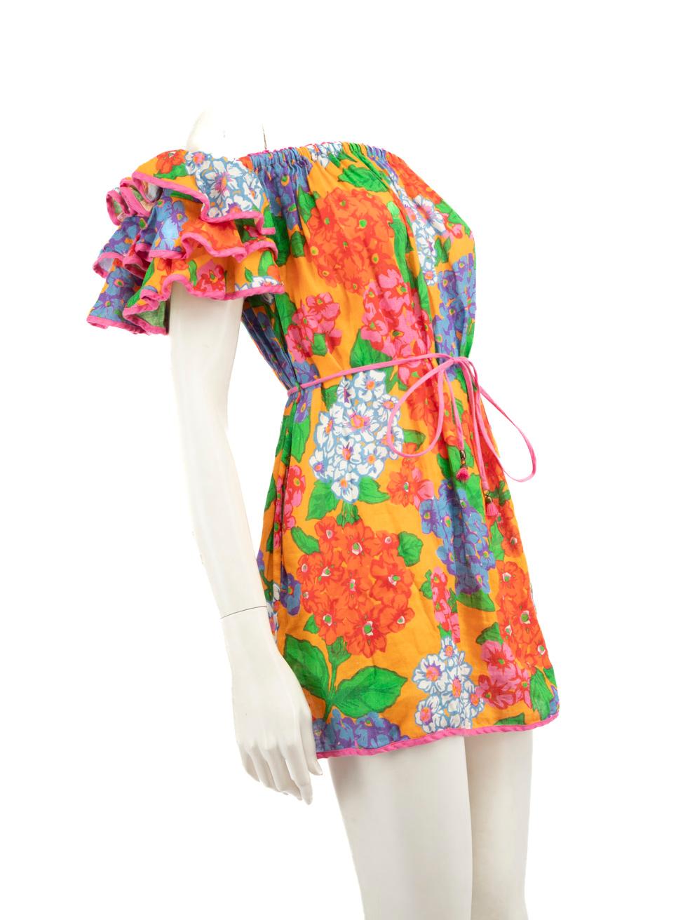 CONDITION is Very good. Minimal wear to the dress is evident, the size label is missing on this used Zimmermann designer resale item.
 
 Details
 Multicolour
 Linen
 Dress
 Floral pattern
 Mini
 Ruffle short sleeves
 Elasticated shoulders
 Waist tie