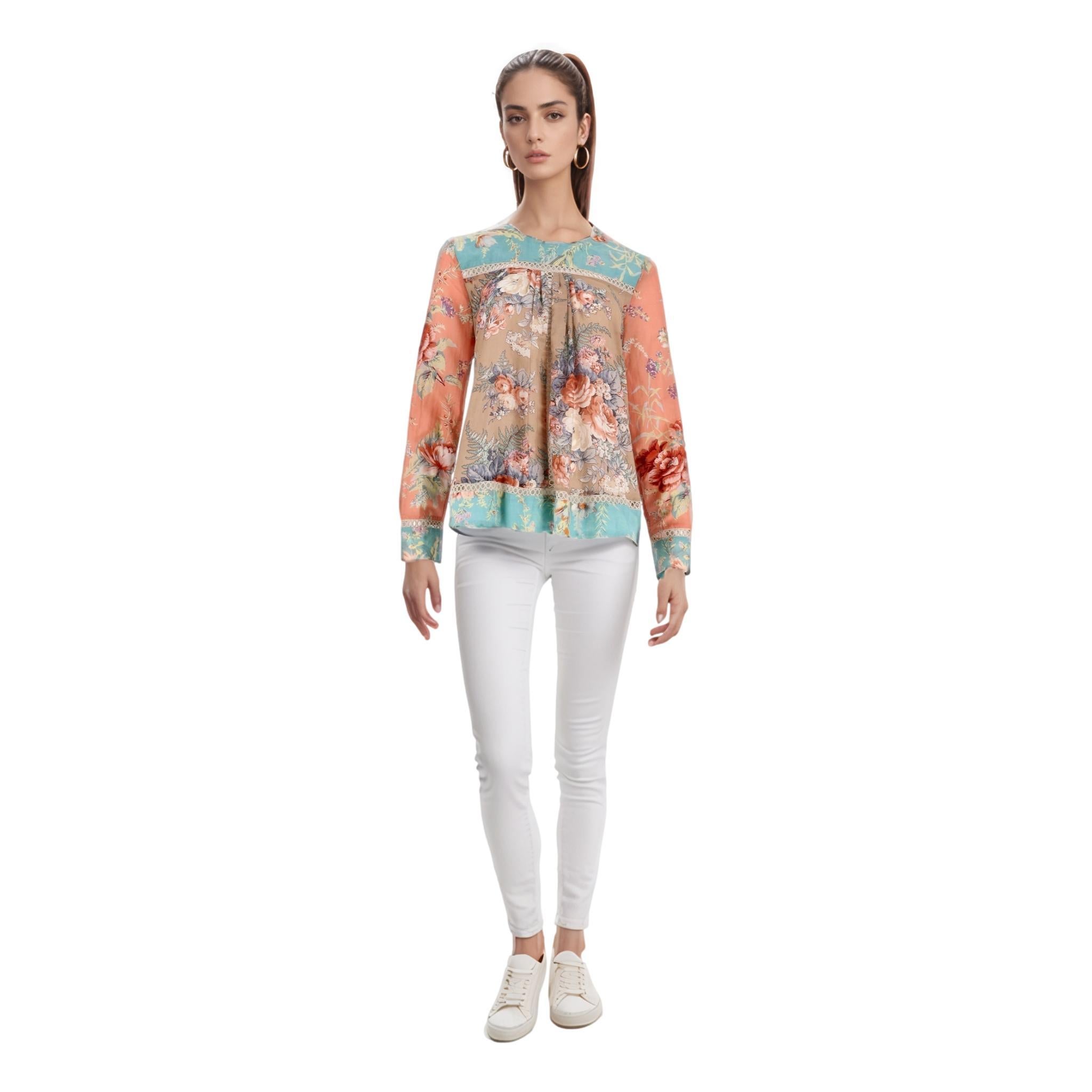Zimmermann Floral Silk &  Cotton Top

Multicoloured, pastel blouse crafted from silk and cotton in the brand's signature floral design.

Detailed with crochet trims, long sleeves and round neckline.

Rrp Approx. £615

Size – 1 - S

Condition – Very