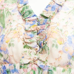 ZIMMERMANN Garden Floral pink silk linen blue floral billow sleeve dress AU1 M
