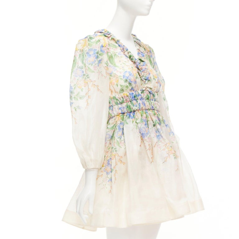 ZIMMERMANN Garden Floral pink silk linen blue floral billow sleeve dress  AU1 M For Sale at 1stDibs
