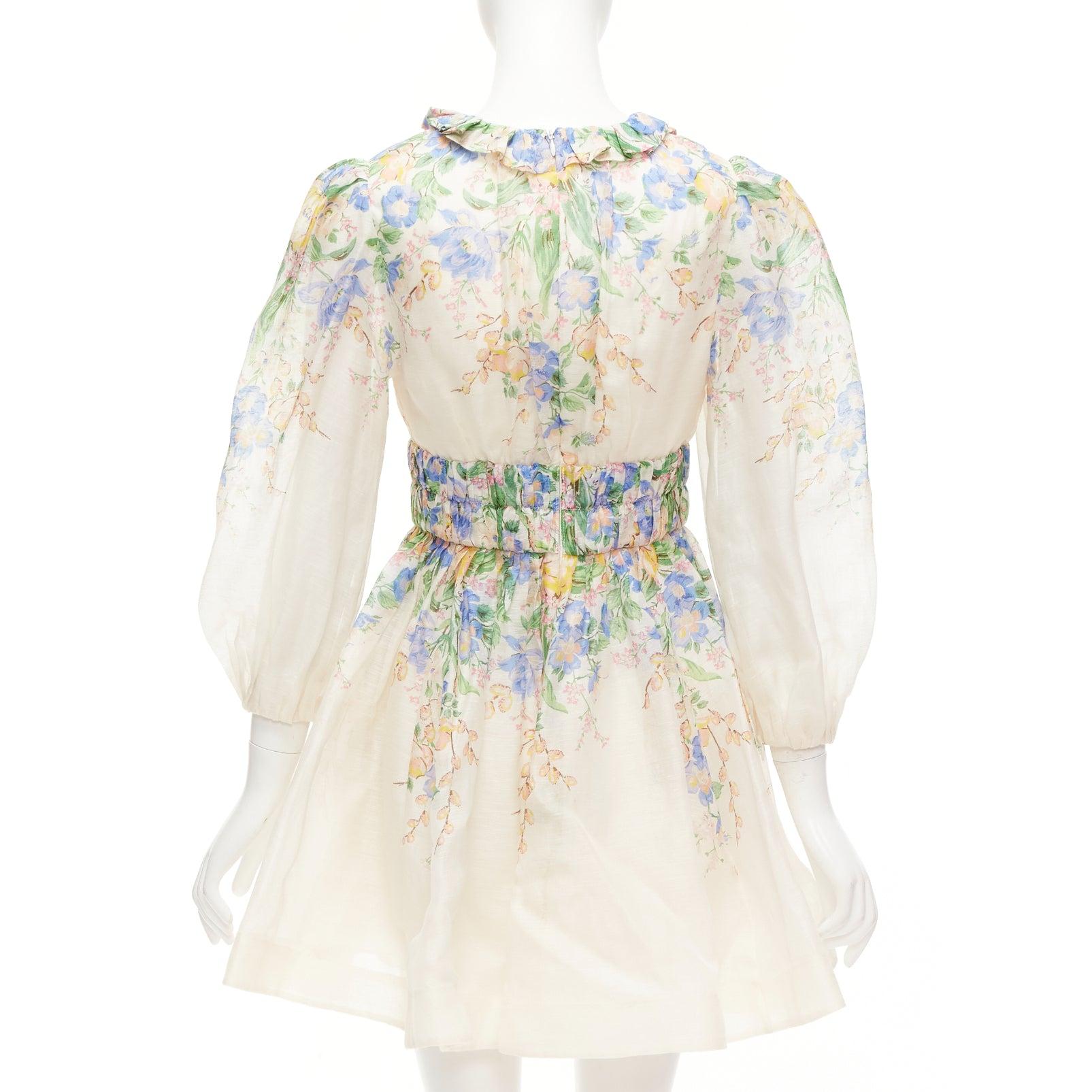 ZIMMERMANN Garden Floral Pinkes Kleid aus Seide und Leinen mit kurzen Ärmeln und Blumenmuster AU1 M Damen im Angebot