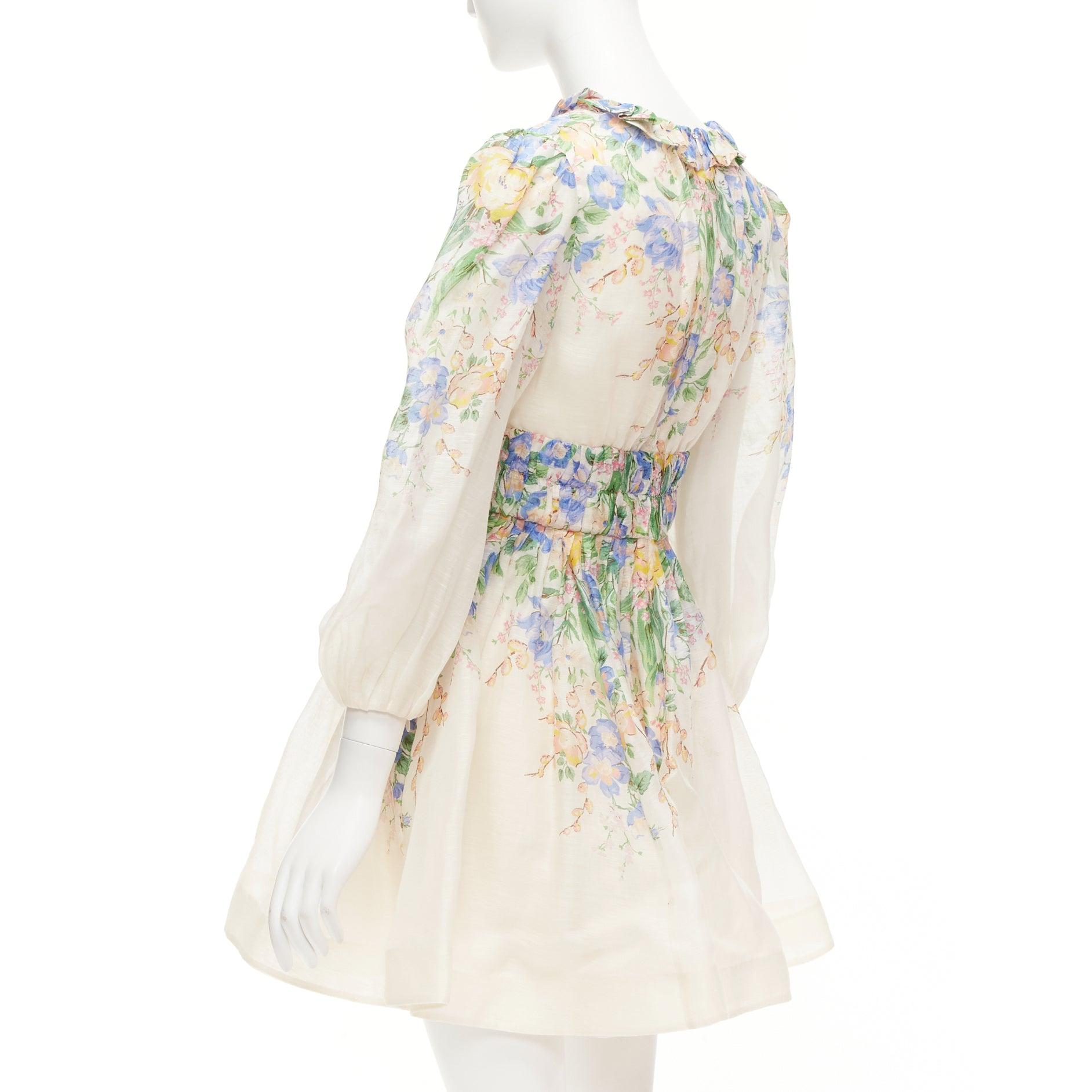 ZIMMERMANN Garden Floral Pinkes Kleid aus Seide und Leinen mit kurzen Ärmeln und Blumenmuster AU1 M im Angebot 1