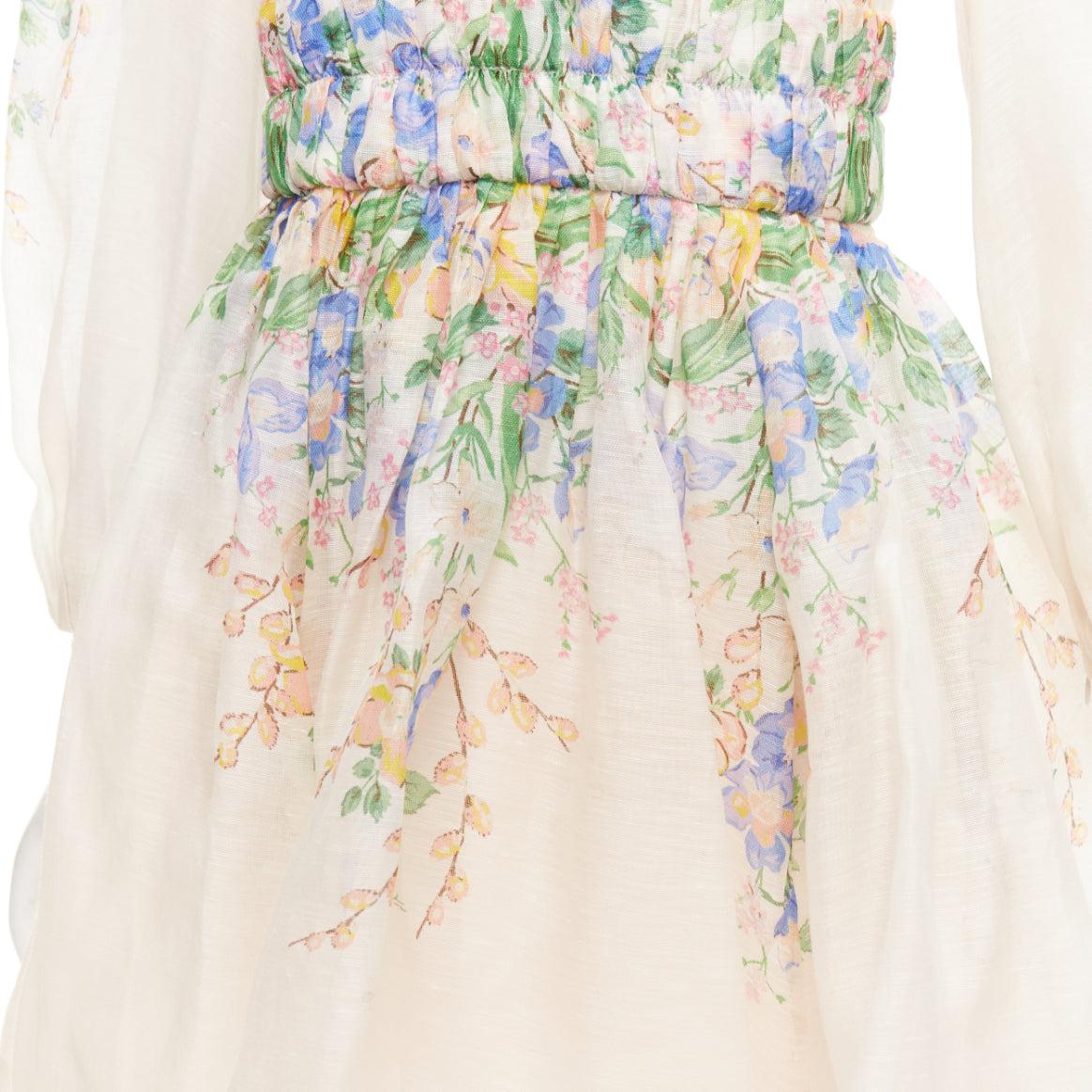 ZIMMERMANN Garden Floral Pinkes Kleid aus Seide und Leinen mit kurzen Ärmeln und Blumenmuster AU1 M im Angebot 2