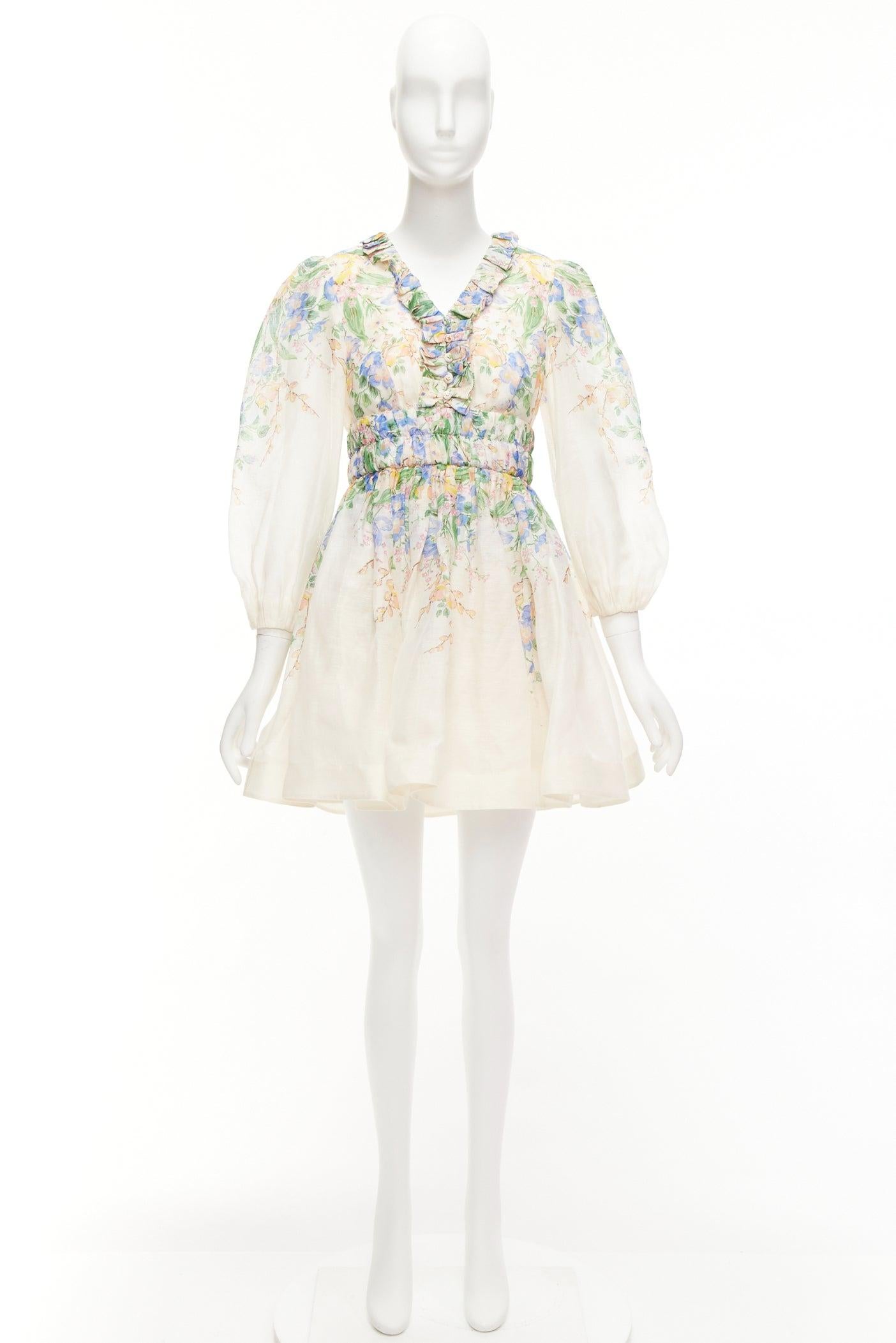 ZIMMERMANN Garden Floral Pinkes Kleid aus Seide und Leinen mit kurzen Ärmeln und Blumenmuster AU1 M im Angebot 4