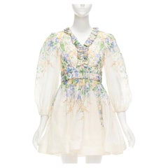 ZIMMERMANN Garden Floral pink silk linen blue floral billow sleeve dress AU1 M
