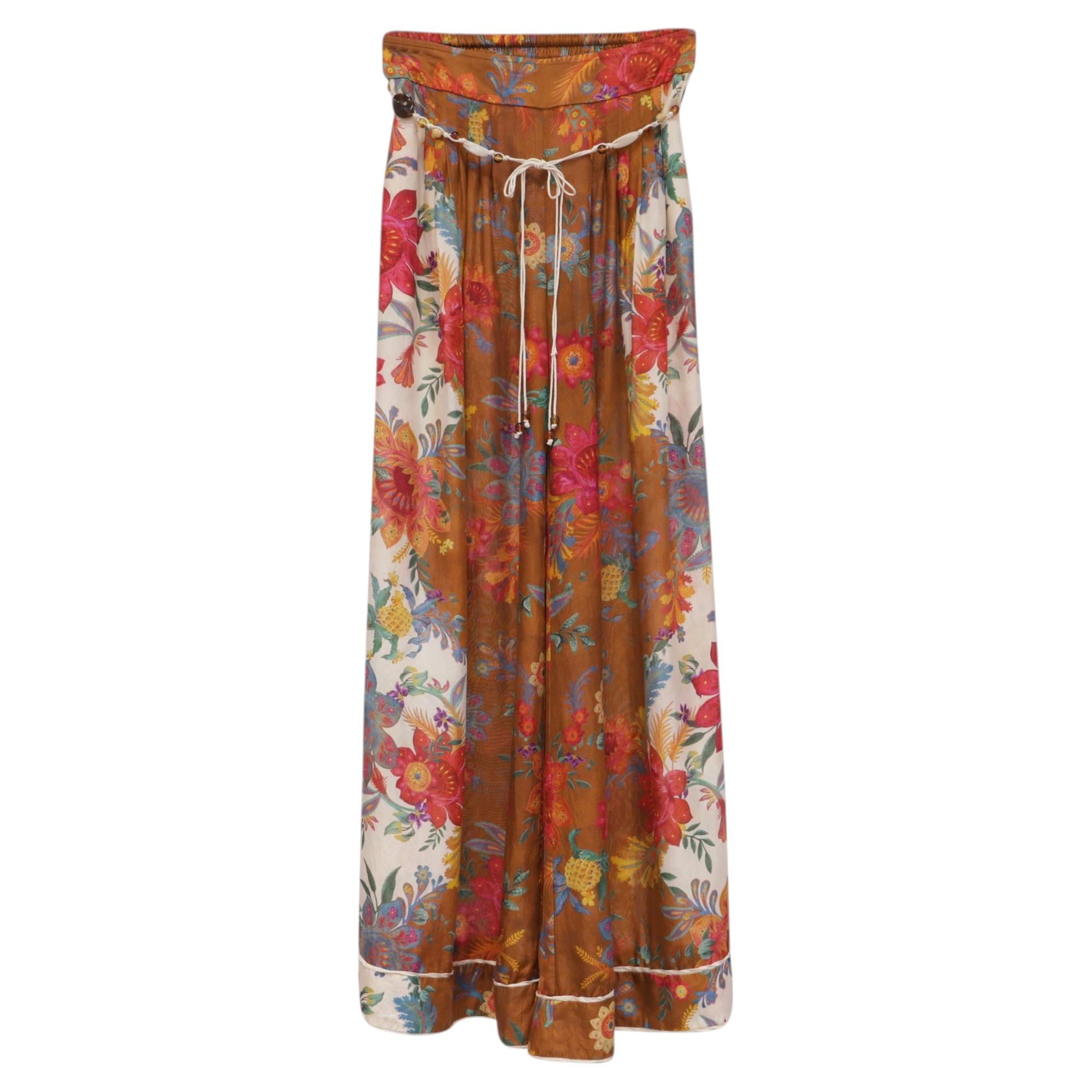 Pre-owned Zimmermann Ginger Floral-print Wide-leg Pants In Multicolor Silk In Brown
