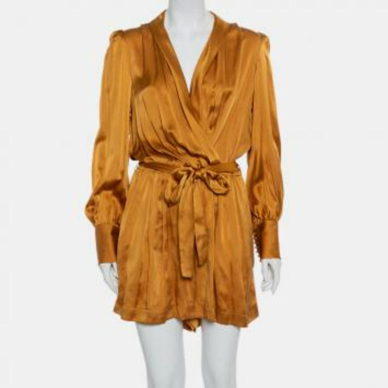 Zimmermann Gold Satin Faux Wrap Belted Playsuit L For Sale 1
