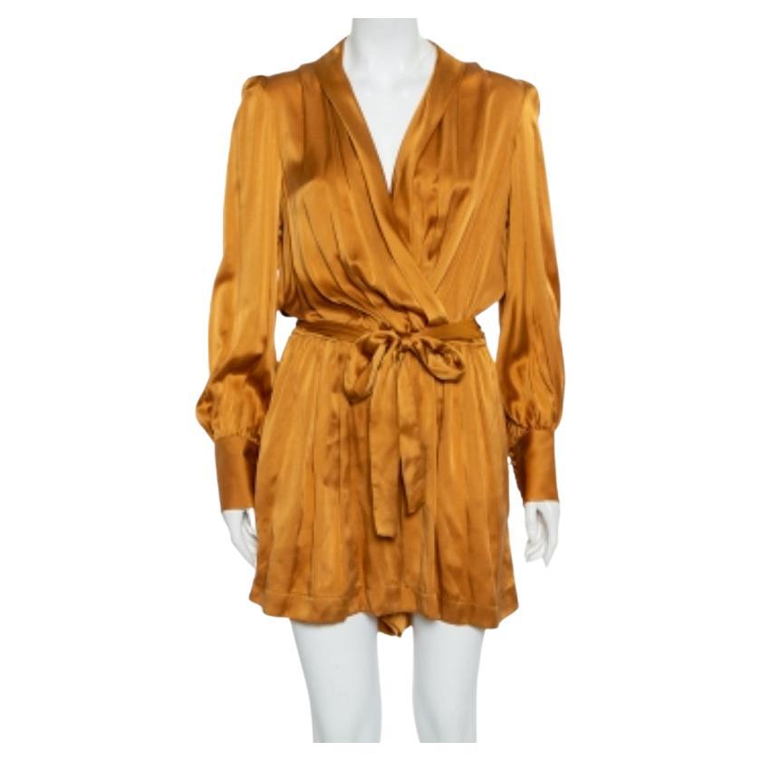 Zimmermann Gold Satin Faux Wrap Belted Playsuit L