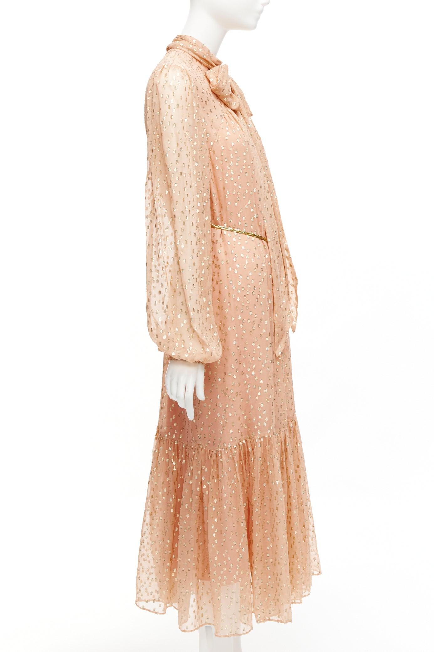 Women's ZIMMERMANN gold silk lurex chiffon bow tie neck ethereal midi dress Size 1 XS For Sale