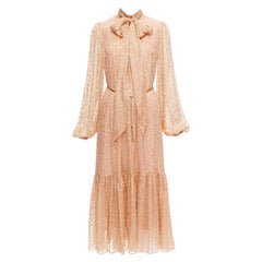 ZIMMERMANN gold silk lurex chiffon bow tie neck ethereal midi dress Size 1 XS
