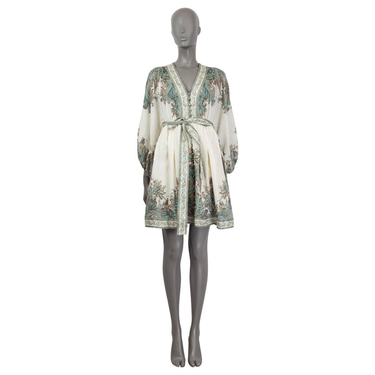 100% authentic Zimmermann Brighton paisley pleated mini dress in sage green, turquoise, nude, cognac and ivory linen (100%9. Opens with a zipper on the back and a buttoned front. Features printed belt, balloon sleeves, side slid pockets and a deep