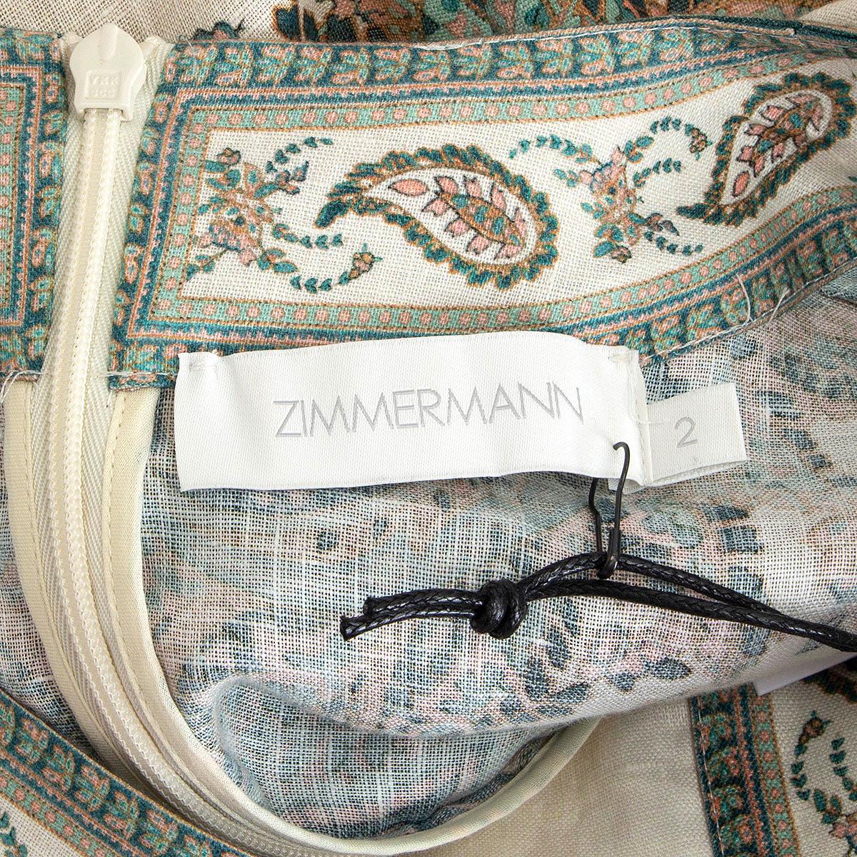 ZIMMERMANN green ivory linen BRIGHTON PAISLEY BELTED MINI Dress 2 M In Excellent Condition In Zürich, CH