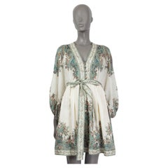 ZIMMERMANN green ivory linen BRIGHTON PAISLEY BELTED MINI Dress 2 M