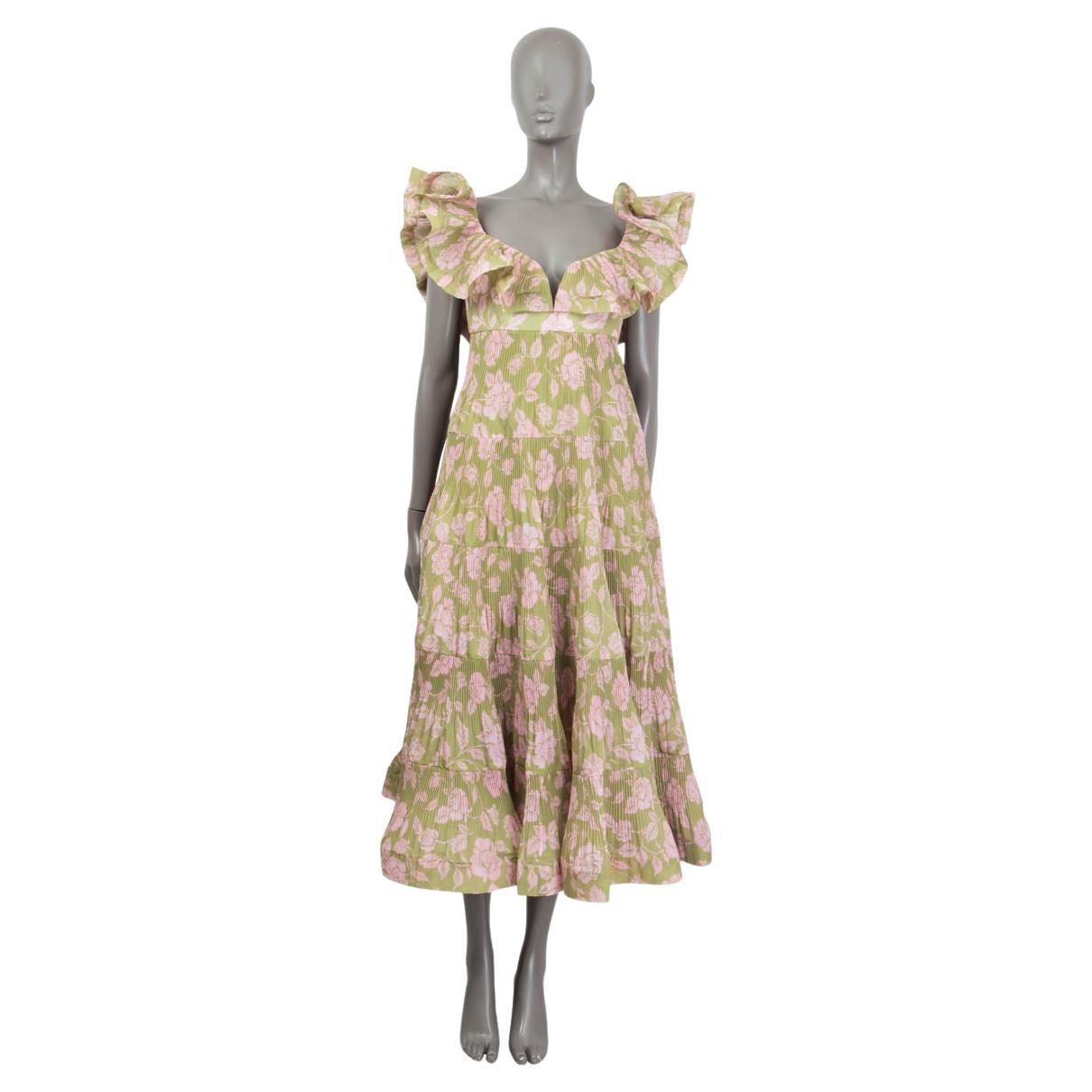 ZIMMERMANN green pink 2021 LOVESTRUCK FLORAL RUFFLED MIDI Dress 2 M