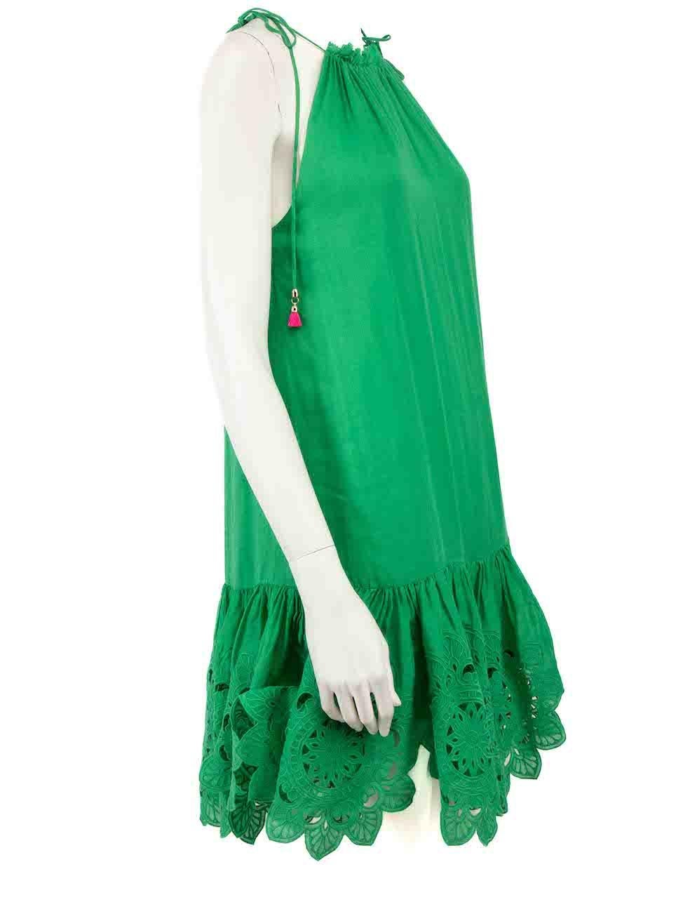 CONDITION is Very good. Hardly any visible wear to dress is evident on this used Zimmermann designer resale item.
 
 Details
 Green
 Ramie
 Dress
 Sleeveless
 Round neck
 Knee length
 Lace ruffle hem
 Drawstring neck detail
 Tied shoulder straps
 
