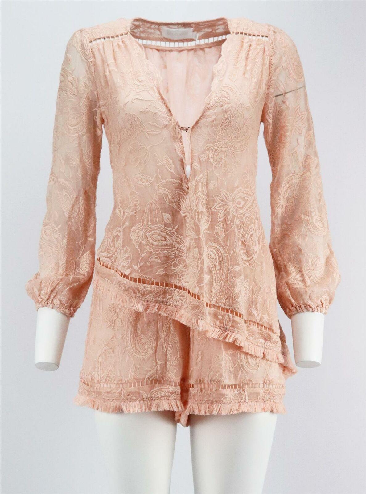 This Henna Floating playsuit by Zimmermann is made from lightweight blush-pink embroidered crinkled silk-chiffon, with a jour-echelle overlay falling asymmetrically across the waist.
Pink silk-chiffon.
Pull on.
100% Silk; fabric2: 100% cotton;