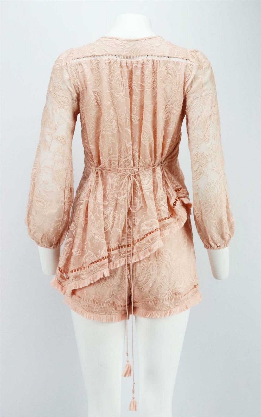 Zimmermann Henna Florting Fringe Trimmed Embroidered Silk Chiffon Playsuit In Excellent Condition In London, GB