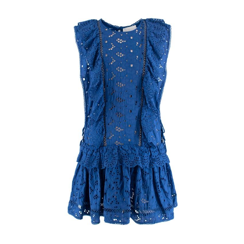 Zimmermann Hyper Eyelet Electric Blue Broderie Anglaise Mini Dress For Sale