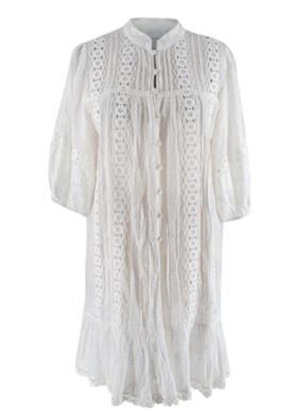 Zimmermann White Lace & Cotton Voile Short Dress

- Long-sleeved button-up cotton and lace dress 
- Floral embroidery 
- Elasticated cuffs 
- Floral lace trim at hem 
- Layer over trousers or leggings for a tunic-style look

Materials
100%