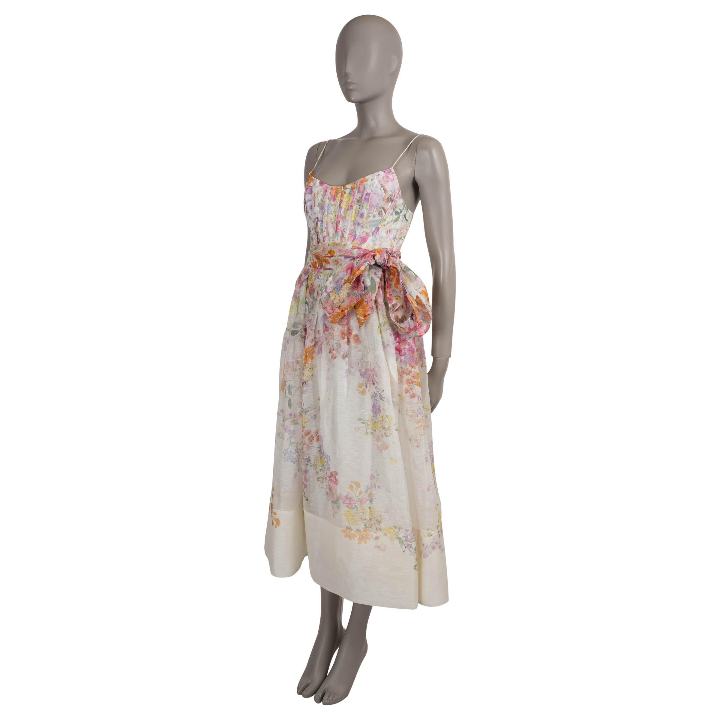 This 100% authentic Zimmermann Natura dress is crafted in a cream linen (55%) and silk (45%) blend with a romantic multicolor Kaleidoscope Garden print. Designed with a fit-and-flare silhouette, it features boning through the bodice for structure,